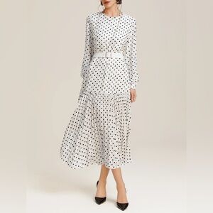 FEHAUTE | NWT White Pleated Polka Dot Classic Crew Balloon Sleeve MIDI Dress | 2